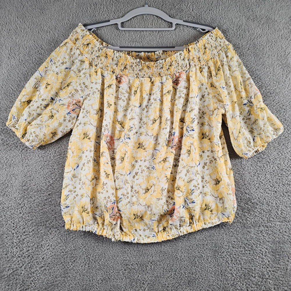Joie Yellow Floral Clip Dot Smocked Off The Shoulder Blouse Large 1256329